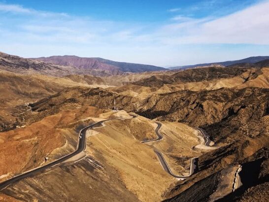 The winding Tizi n’Tichka road through the High Atlas Mountains