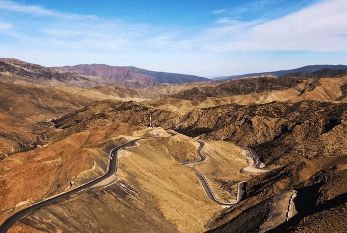 The winding Tizi n’Tichka road through the High Atlas Mountains