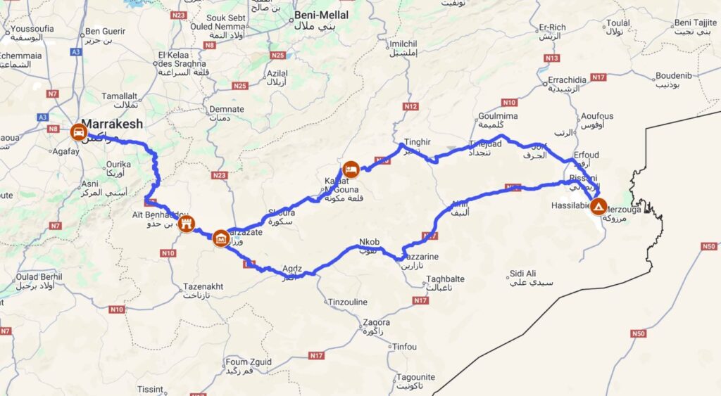 Route map of the 3-day tour from Marrakech to Merzouga and back