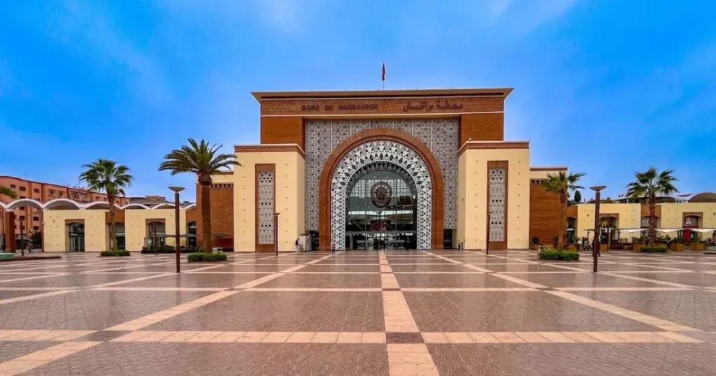 The arched entrance of Marrakech railway station, where trains from Casablanca arrive